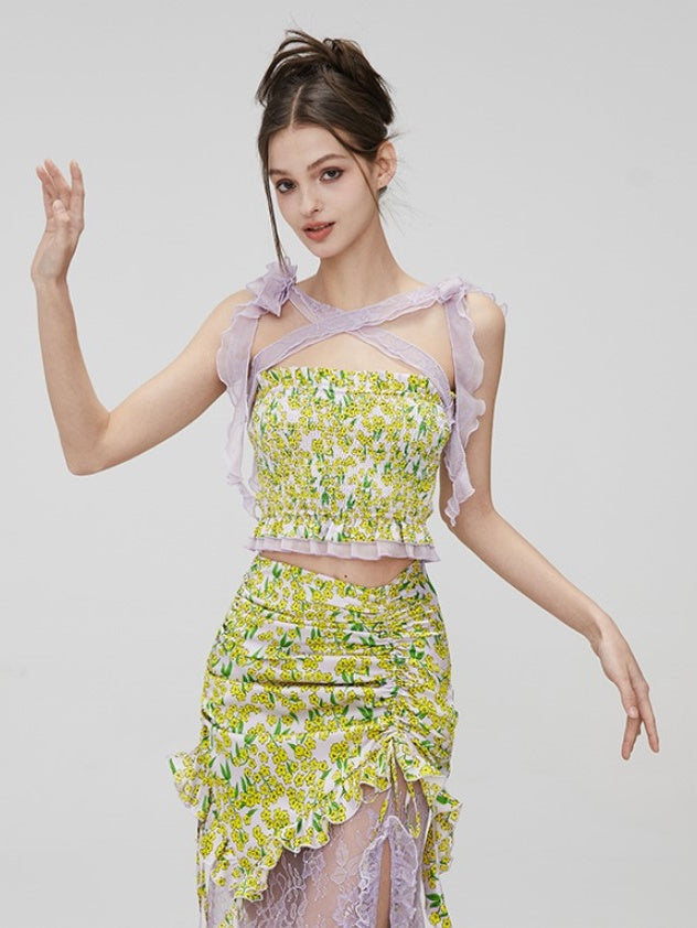 Floral Strap Shirring Tube Top
