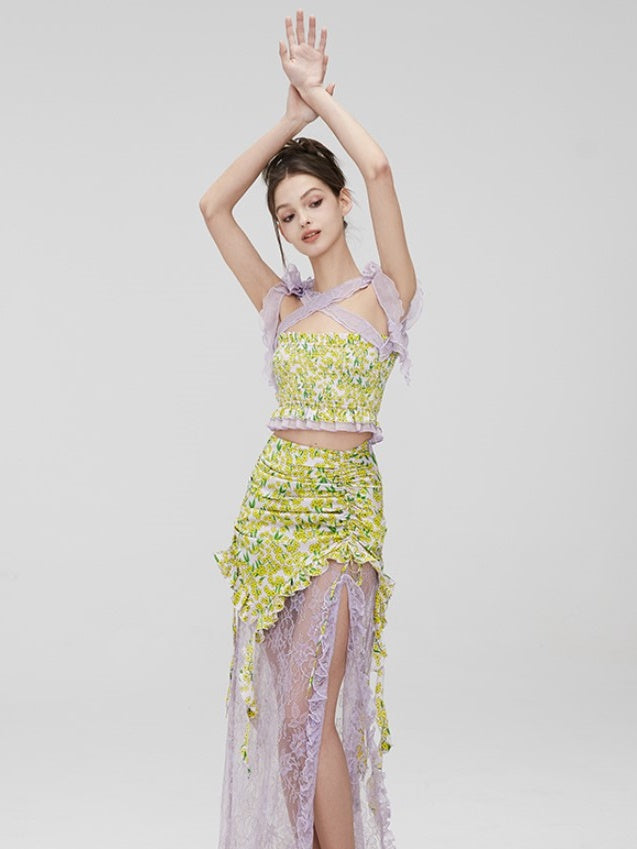 Floral Strap Shirring Tube Top