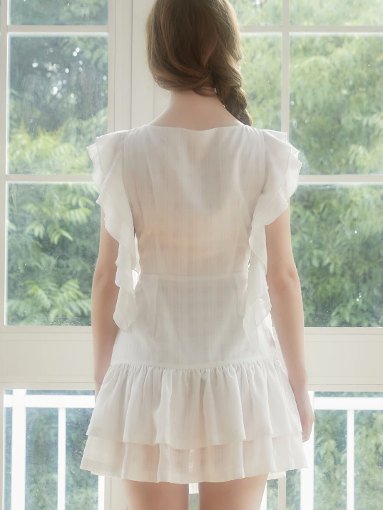 Plaid Drawstring Frill Sleeve Short Dress