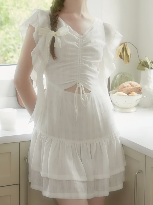 Plaid Drawstring Frill Sleeve Short Dress