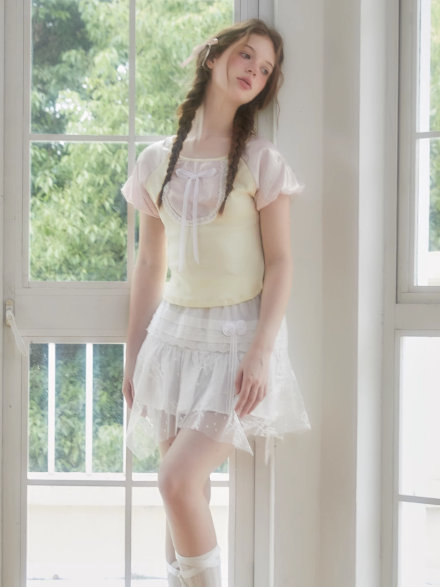 Puff Sleeve Ribbon Stitch Top