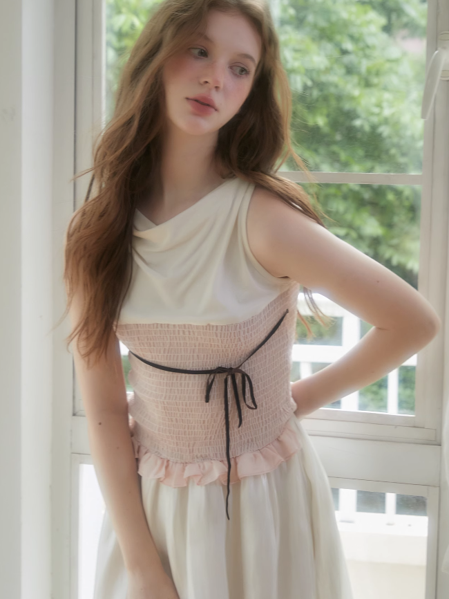 소매 셜링 스티치 원피스 & 볼로로