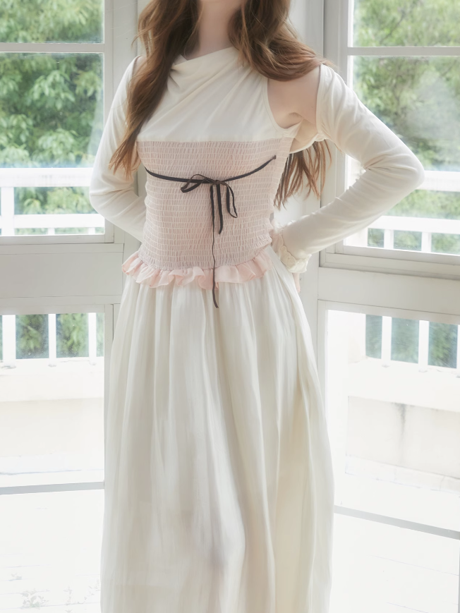 소매 셜링 스티치 원피스 & 볼로로