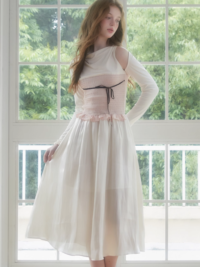 소매 셜링 스티치 원피스 & 볼로로