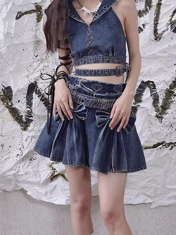 Niche Big Ribbon Flare Denim Skirt