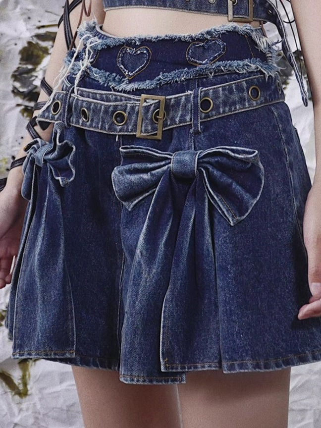 Niche Big Ribbon Flare Denim Skirt