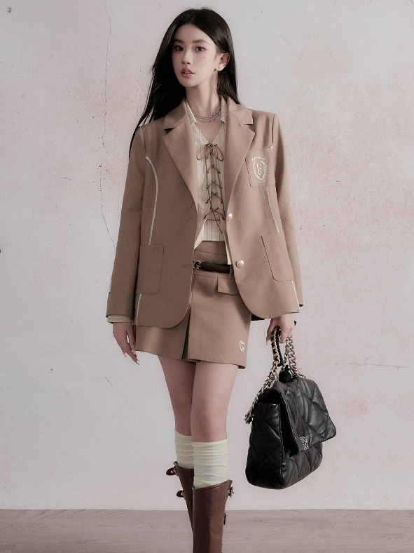 Retro SchoolGirl Jacket & Mini Skirt & Lace-Up Shirt