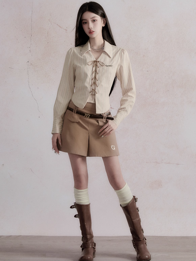 Retro SchoolGirl Jacket & Mini Skirt & Lace-Up Shirt