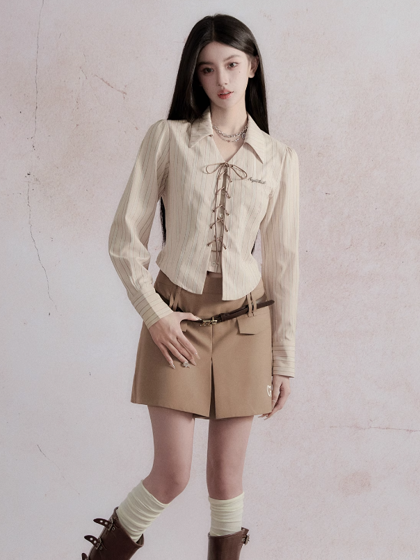 Retro SchoolGirl Jacket & Mini Skirt & Lace-Up Shirt