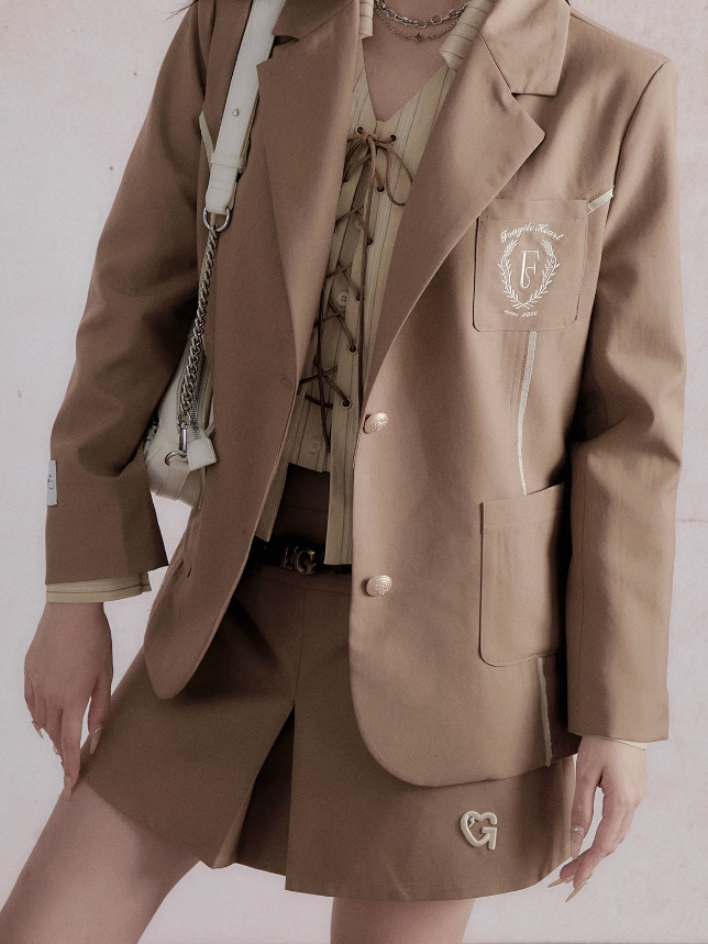 Retro SchoolGirl Jacket & Mini Skirt & Lace-Up Shirt