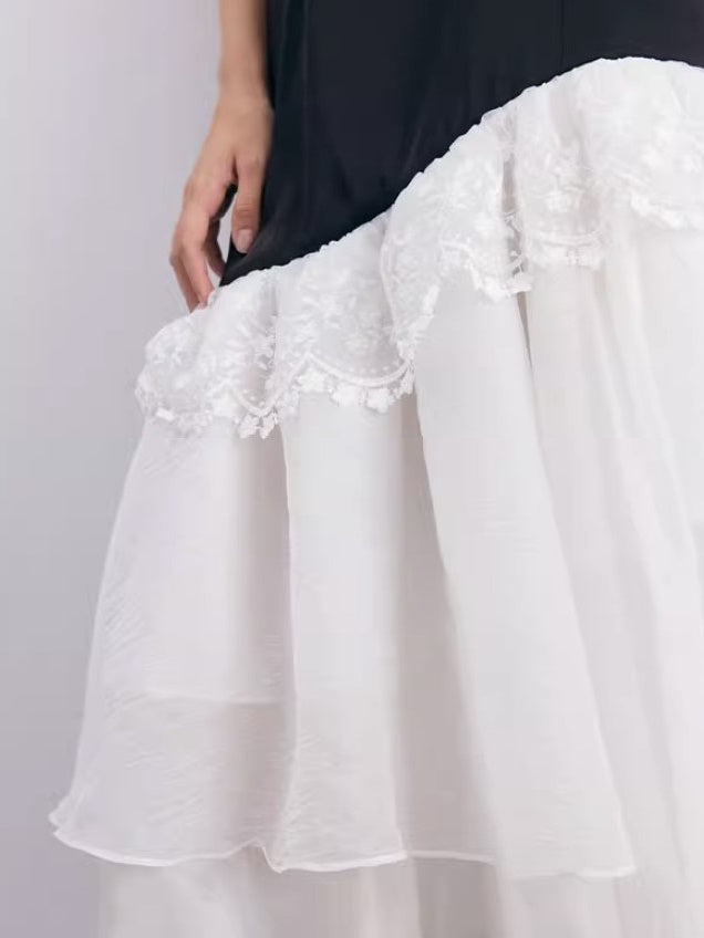 Curved Stitching Design Lace Trimmed Slip Dress