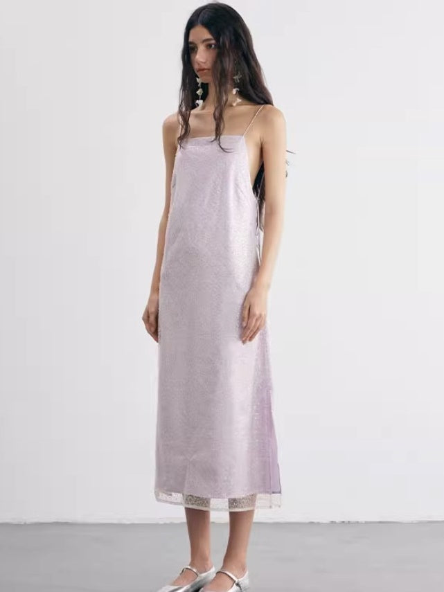 Embroidered Beaded Open Back Suspender Dress