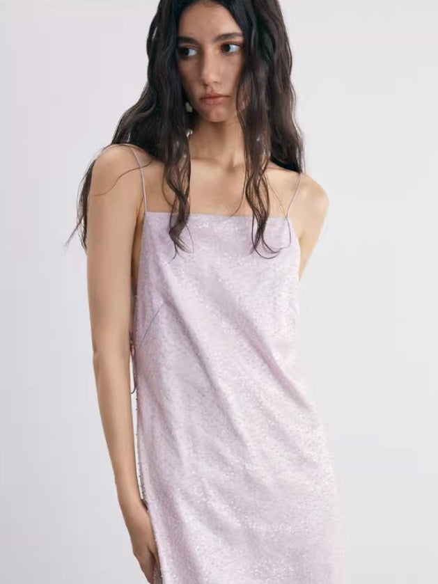 Embroidered Beaded Open Back Suspender Dress