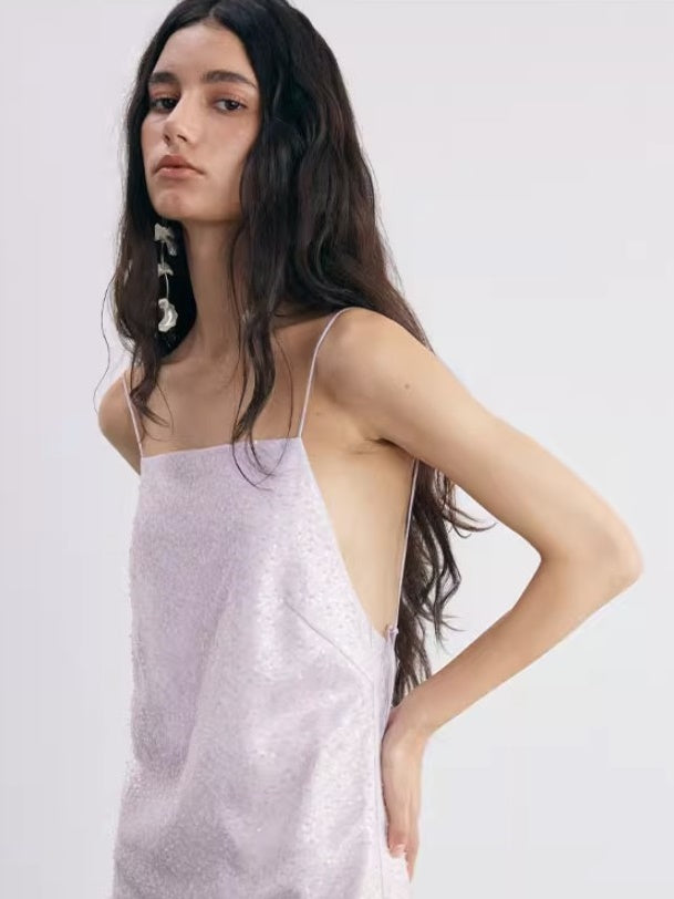 Embroidered Beaded Open Back Suspender Dress