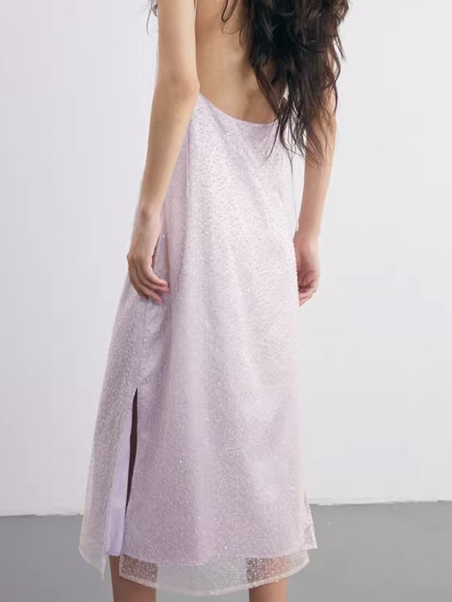 Embroidered Beaded Open Back Suspender Dress