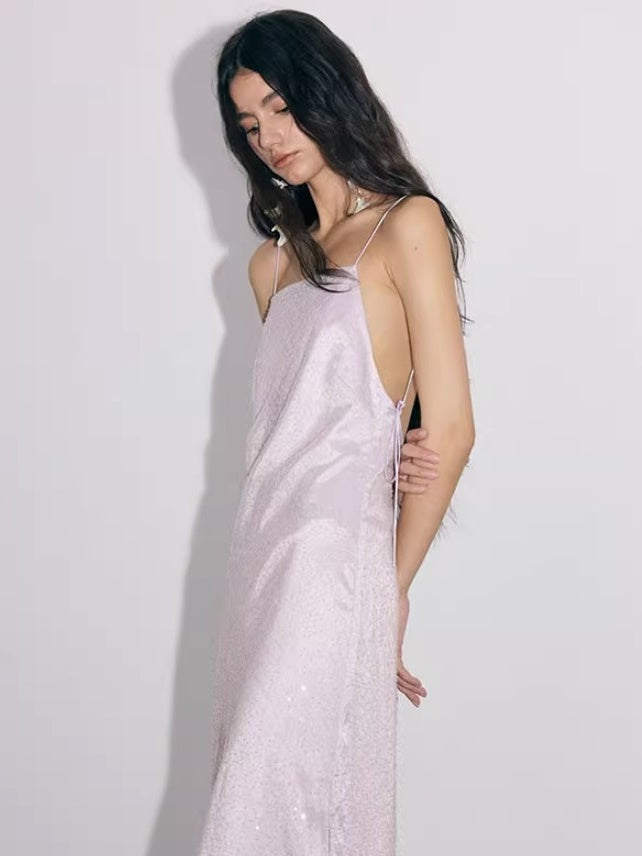 Embroidered Beaded Open Back Suspender Dress