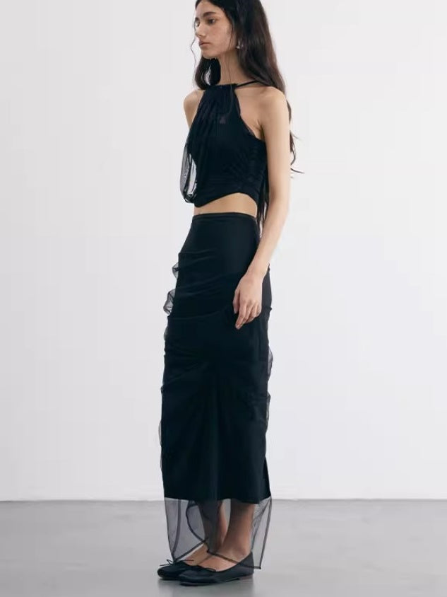Unregelmäßiger geschnittenes drapiertes Mesh Falten -Wrap -Longrock
