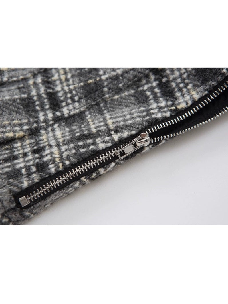 Woven Plaid No-Collar Jacket & Vest & Pleated Skirt