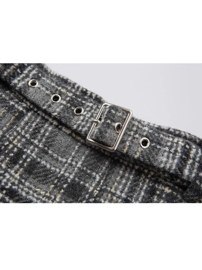 Woven Plaid No-Collar Jacket & Vest & Pleated Skirt