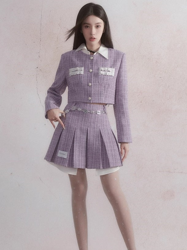 Small Fragrance Style Layered Design Jacket & Pleated Skirt