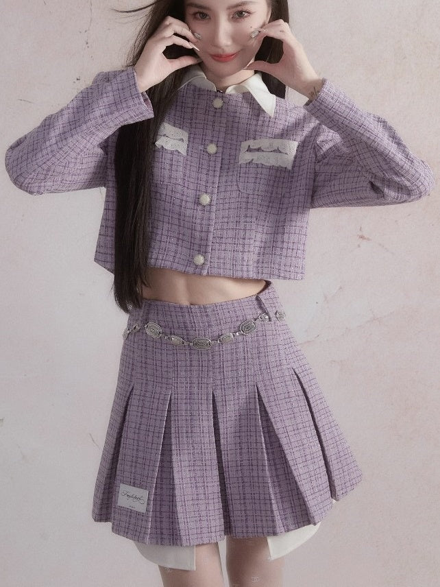 Small Fragrance Style Layered Design Jacket & Pleated Skirt