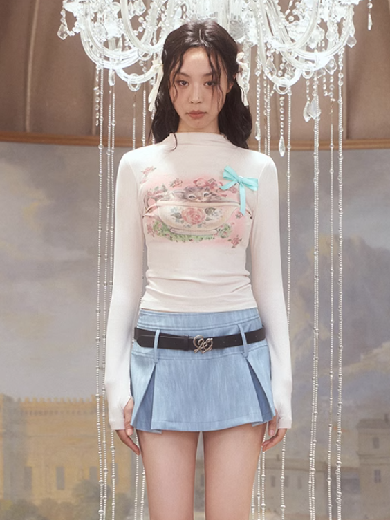 귀여운 고양이 프린트 긴팔 티셔츠