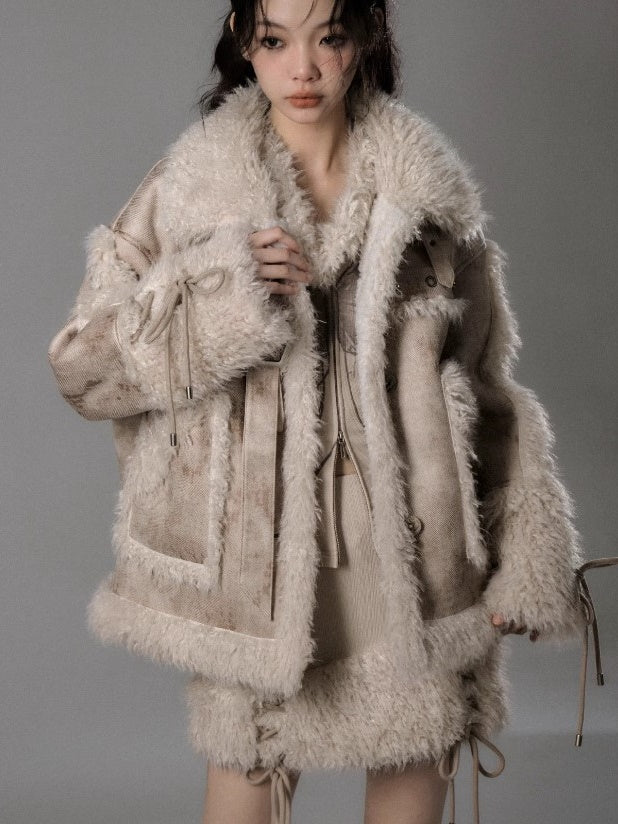 Fur Stitch Strap Loose Fluffy Jacket