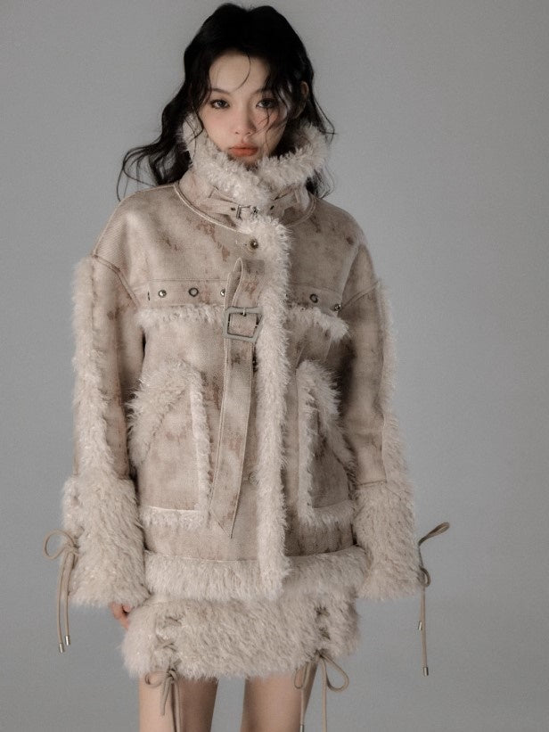 Fur Stitch Strap Loose Fluffy Jacket