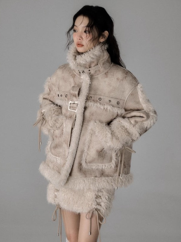 Fur Stitch Strap Loose Fluffy Jacket