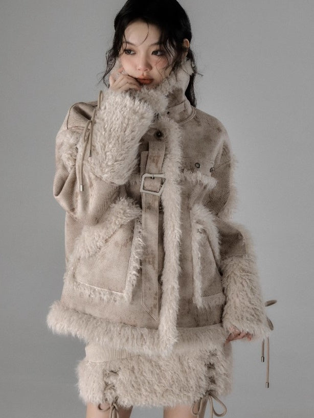 Fur Stitch Strap Loose Fluffy Jacket