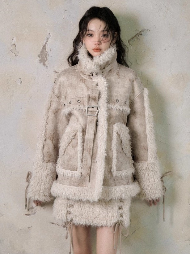Fur Stitch Strap Loose Fluffy Jacket