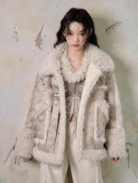 Fur Stitch Strap Loose Fluffy Jacket