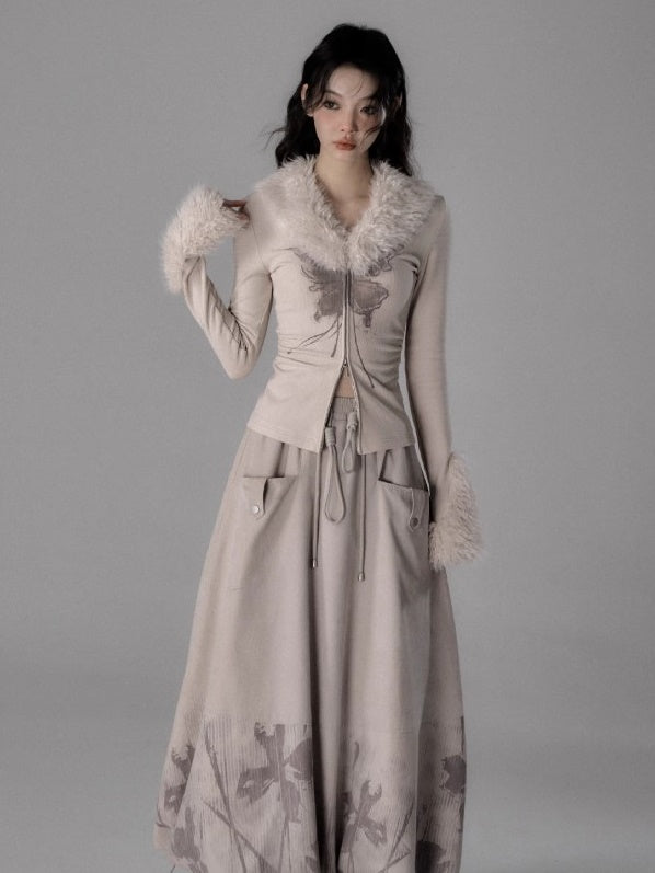 Pelzkragen Zip-up-Top & Pelzstichrock