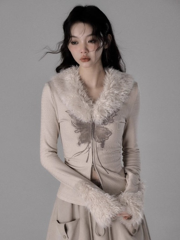 Pelzkragen Zip-up-Top & Pelzstichrock