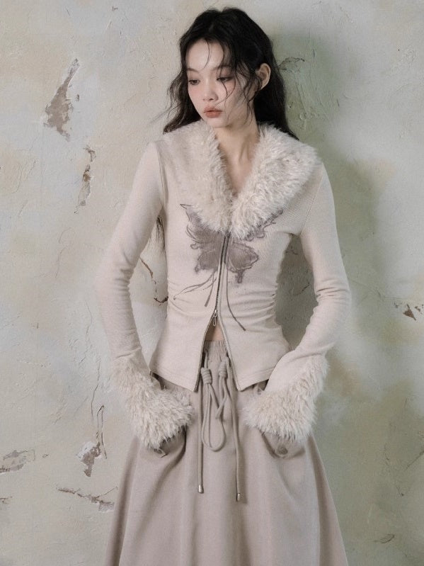 Pelzkragen Zip-up-Top & Pelzstichrock