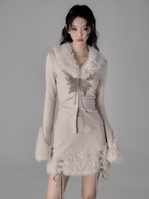 Pelzkragen Zip-up-Top & Pelzstichrock