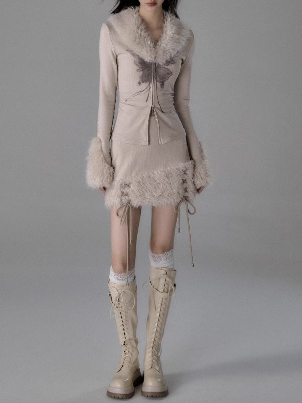 Pelzkragen Zip-up-Top & Pelzstichrock