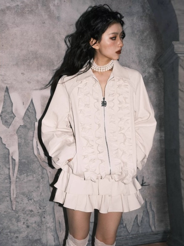 Ruffled POLO Collar Swing Jacket & Cake Skirt