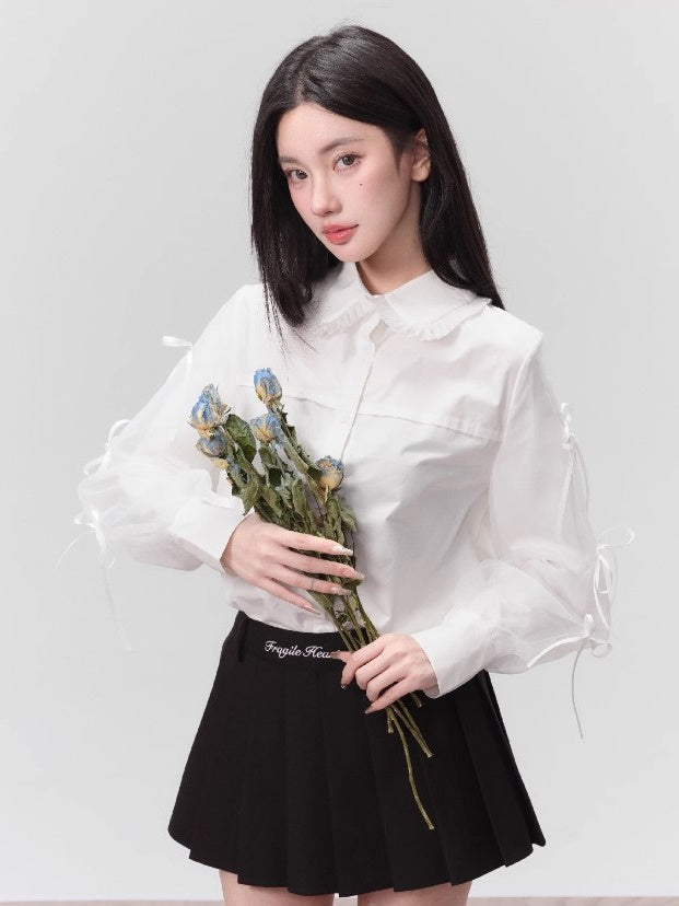 Jacquard Pleated Suspender Dress & Bow Patchwork Shirt