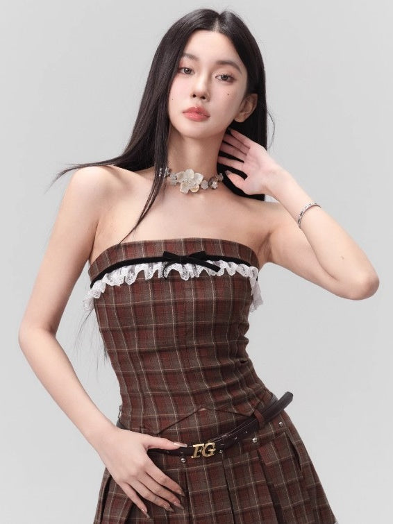 Retro Plaid Tube Top & College Style Pleated Skirt