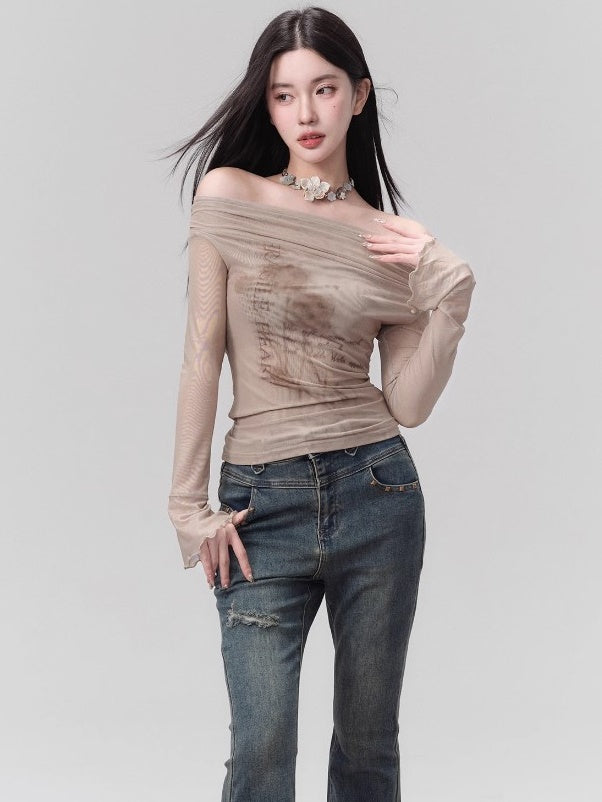Off-shoulder Print Slim Long Sleeve Mesh T-shirt