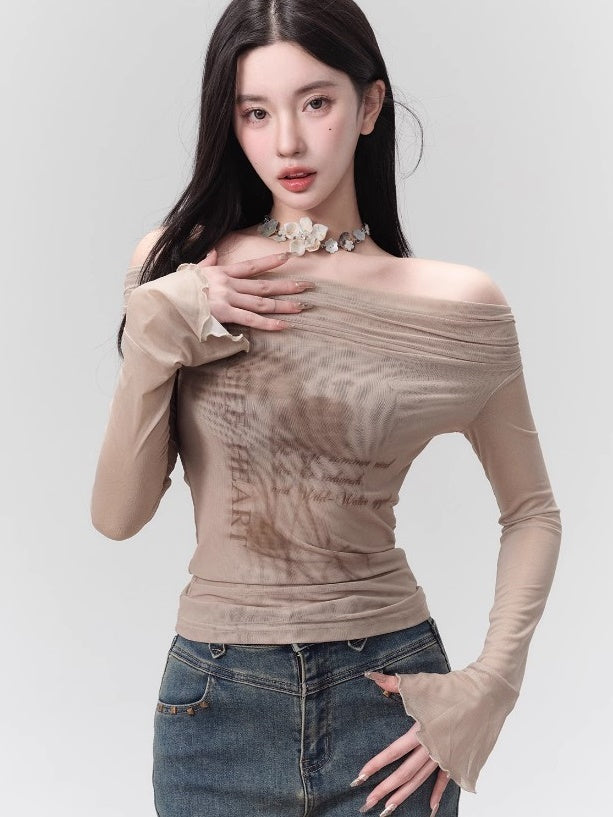 Off-shoulder Print Slim Long Sleeve Mesh T-shirt