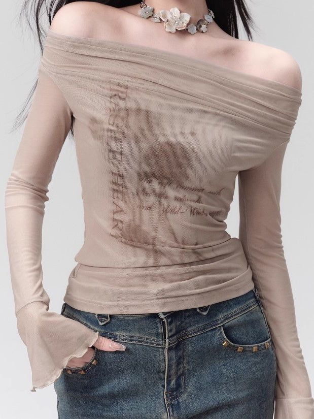 Off-shoulder Print Slim Long Sleeve Mesh T-shirt