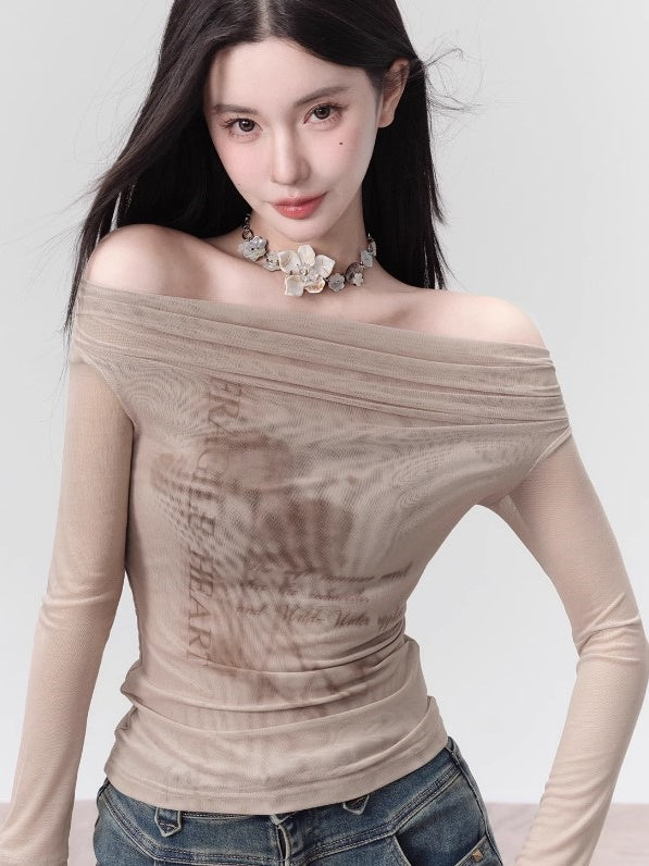 Off-shoulder Print Slim Long Sleeve Mesh T-shirt