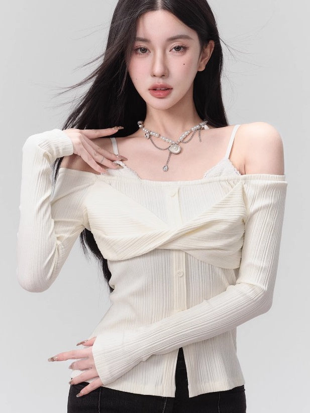 Fake Two-piece Knotted One-shoulder Top