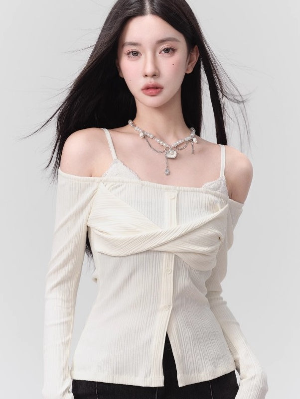 Fake Two-piece Knotted One-shoulder Top