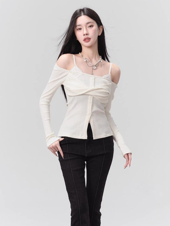 Fake Two-piece Knotted One-shoulder Top
