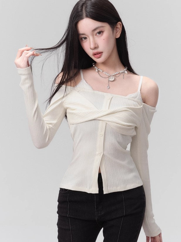 Fake Two-piece Knotted One-shoulder Top