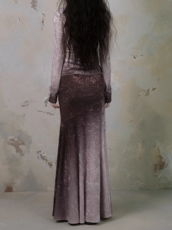 나비 그라디언트 측면 슬릿 벨벳 상단 및 긴 인어 치마