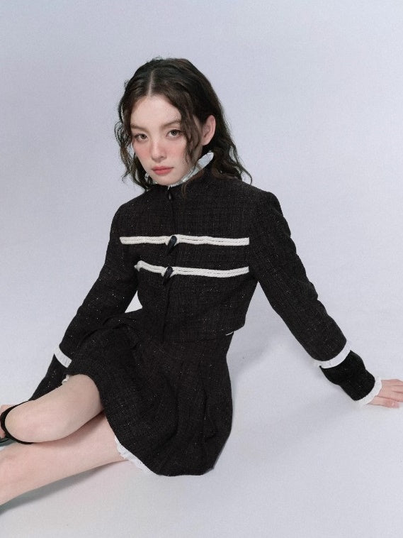 Tweed Stand-Collar Cropped Jacket & Lace Stitch Short Pleated Skirt